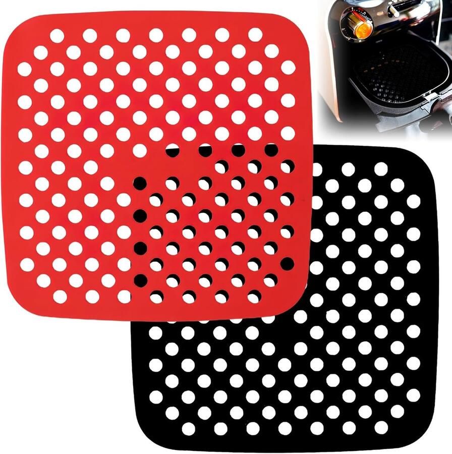 SnelShoppen Twee Geperforeerde Siliconen Matten Airfryer 21 6 cm Antiaanbaklaag Herbruikbaar Rood Zwart voor Heteluchtfriteuses Keuken Accessoires