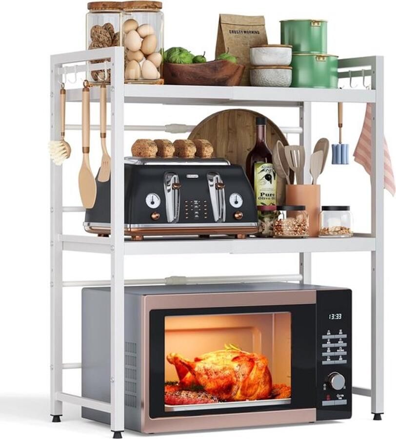 SnelShoppen Uitbreidbaar Magnetron Rek 3 Niveaus Magnetron Stand voor Werkblad Keuken Organizer Magnetron Rek met 8 Haakjes Wit