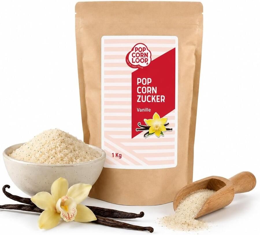 SnelShoppen Vanille Suiker 1 Kilo Premium Popcorn Suiker met 3% Bourbon Vanille Perfect voor Feestjes Koken en Bakken Ideaal voor Cinema Popc