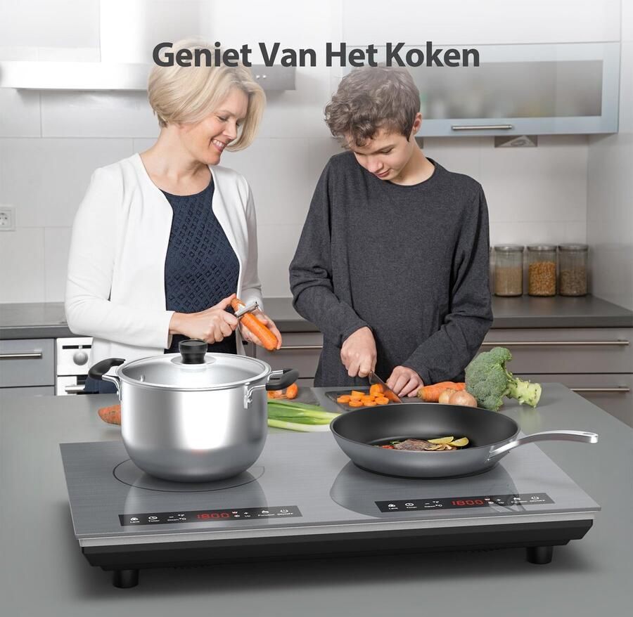 SnelShoppen VBGK 3600W Dubbele Inductiekookplaat met Touchbediening 10 Warmtestanden 3-Uurs Timer Kinderveiligheidsslot Grijs voor Thuis Campin