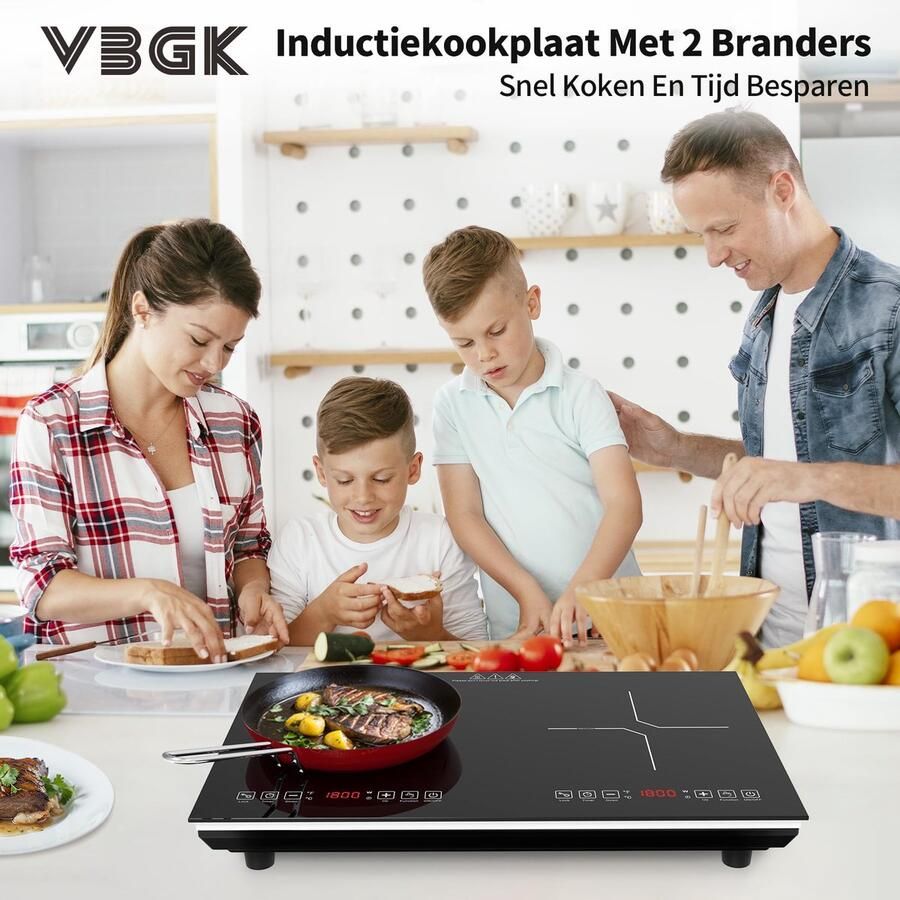 SnelShoppen VBGK Dubbele Inductiekookplaat 3600W Stekker Inductiekookplaat 2 Pitten met Touchsensor 10 Vermogensniveaus Veiligheidsslot & 3-uurs
