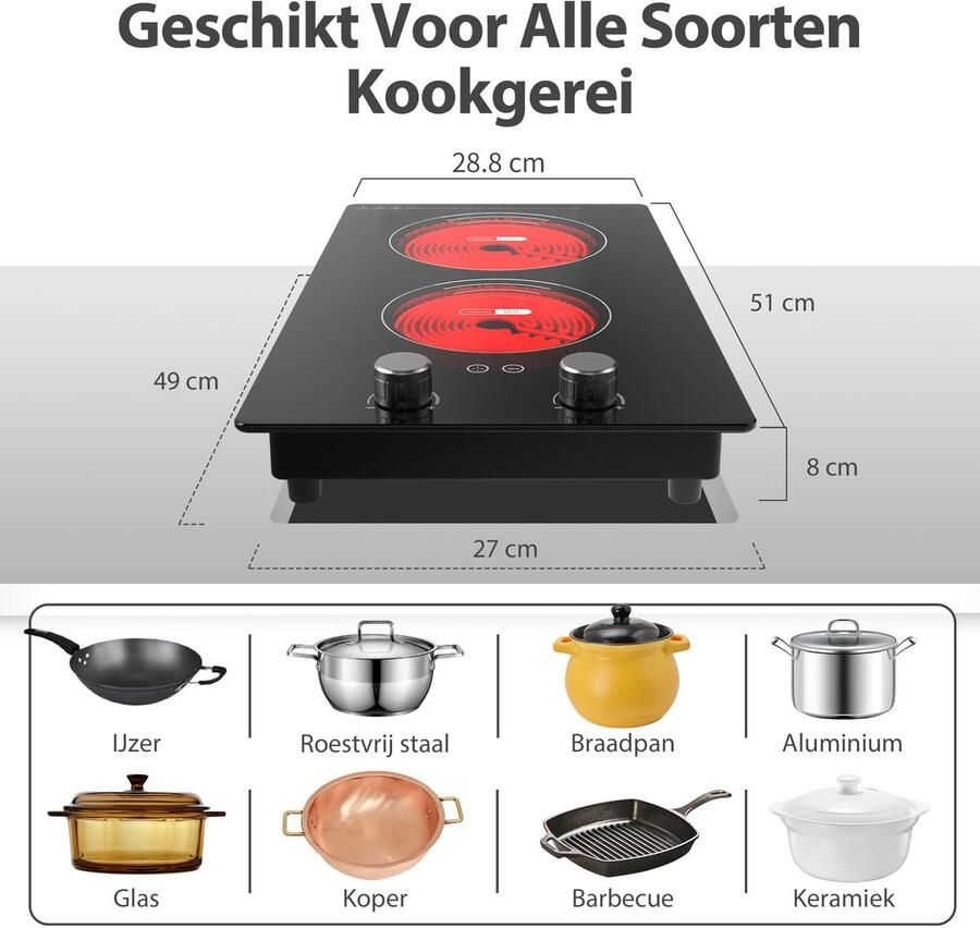 SnelShoppen VBGK Dubbele Keramische Kookplaat 3000W Elektrische Kookplaat met Stekker 2 Zones Draaiknop + Touchbediening Veiligheidsslot & Timer
