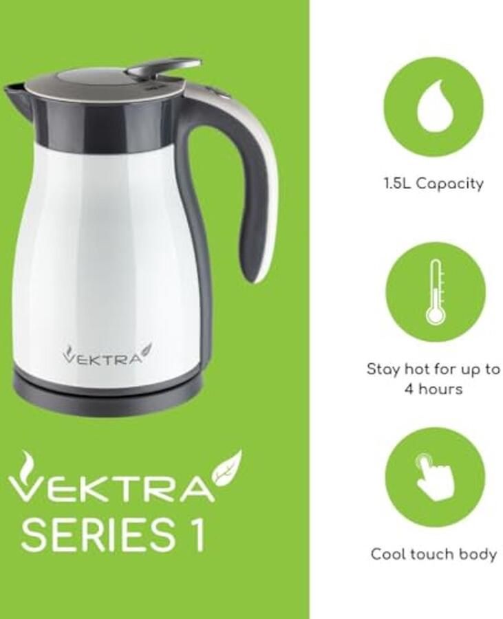 SnelShoppen Vektra VEK-1501S Vacuüm-geïsoleerde Waterkoker 1 5L Roestvrij Staal Dubbelwandig Thermoskan 2-in-1 Warmhoudfunctie BPA-vrij Draadloze Ve