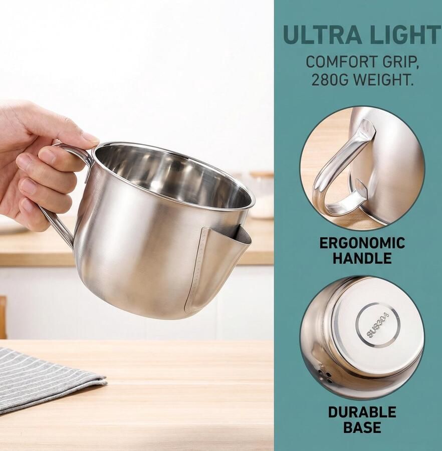 SnelShoppen Vetscheider RVS 304 1000 ml Sauskan met Deksel en Borstel Multifunctionele Oliefilterkan voor Inductiekookplaat Keuken Camping Fees