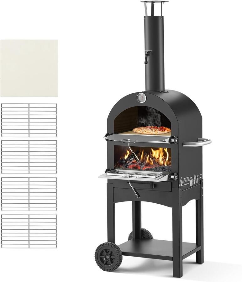 SnelShoppen VEVOR Buiten Pizzaoven 30 5 cm Houtgestookte 2-laags Pizza Oven met 1200 Graden Fahrenheit Max Temperatuur en Verwijderbare Wielen P