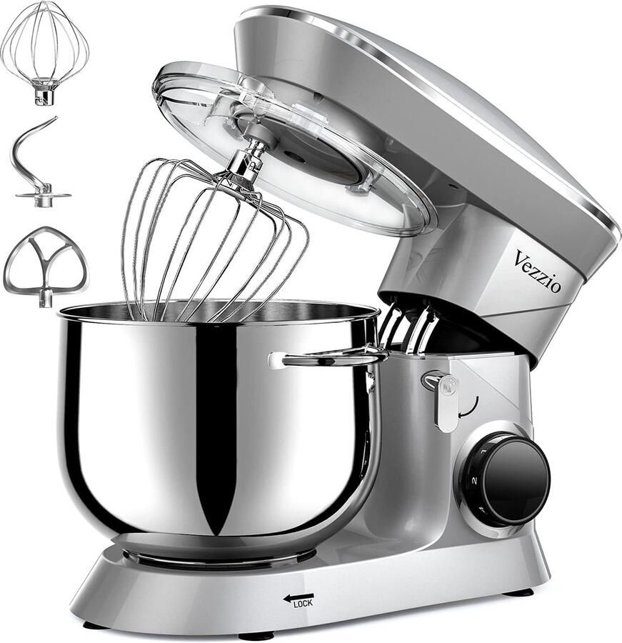 SnelShoppen Vezzio Food Processor Kneedmachine 1500W Geluidsarm 10 Snelheden 8.5L RVS Kom Kneedhaken Mixborstel Zilver Voor Bakken en Koken