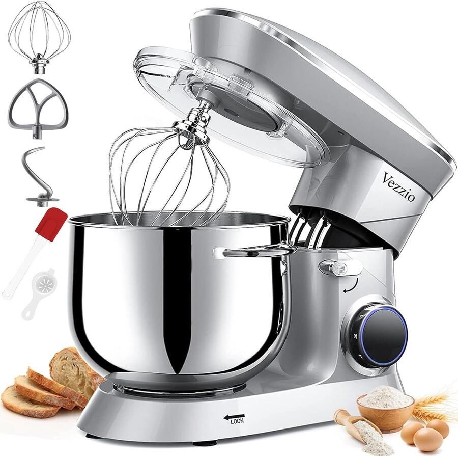 SnelShoppen Vezzio Keukenmachine 8 5 l Deegmixer met 10 Stappen Menghaak Deeghaak Garde en Spatbescherming Zilver voor Koken en Bakken