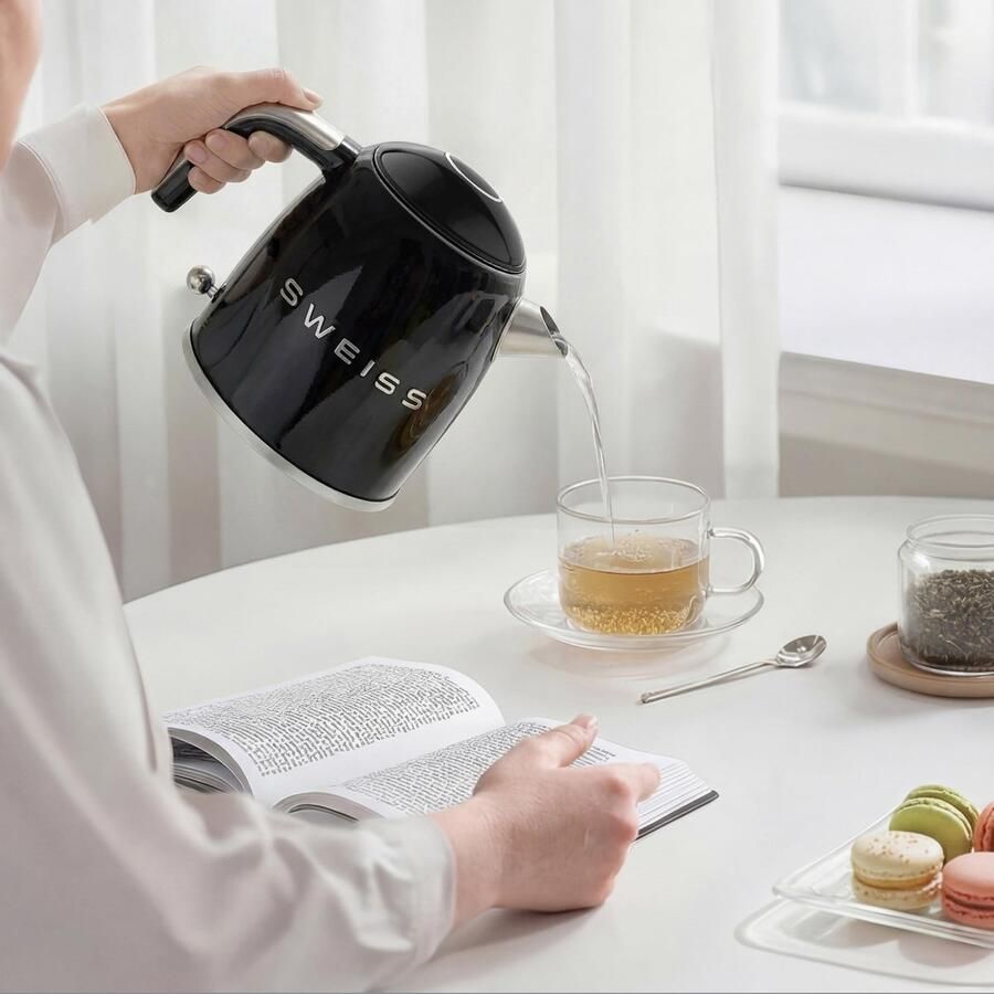 SnelShoppen Vintage elektrische waterkoker 1L compact roestvrij staal 1000W snel koken zichtbaar waterniveau automatische uitschakeling 360° d