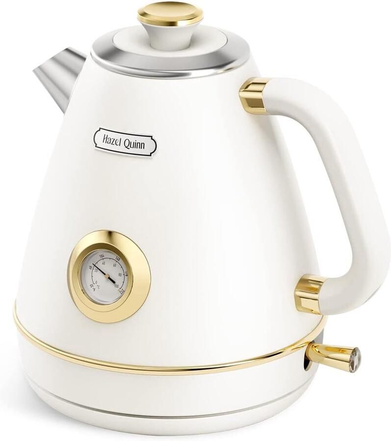SnelShoppen Vintage Elektrische Waterkoker met Thermometer RVS BPA-vrij Draadloos Automatische Uitschakeling 1.7 Liter 2200 Watt Pareltint W