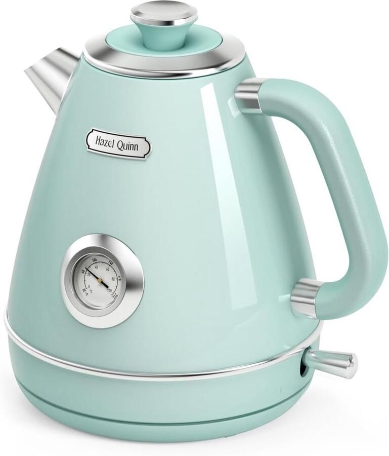 SnelShoppen Vintage Elektrische Waterkoker met Thermometer RVS en BPA-vrij Draadloos met Automatische Uitschakeling 1.7 Liter 2200 Watt Mint Gr