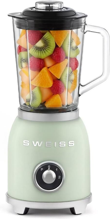 SnelShoppen Vintage Smoothie Blender 1 5L Groen met 2 Snelheden Pulsfunctie 6 RVS Messen Glazen Kom Veiligheidsschakelaar en Antislipvoeten Id