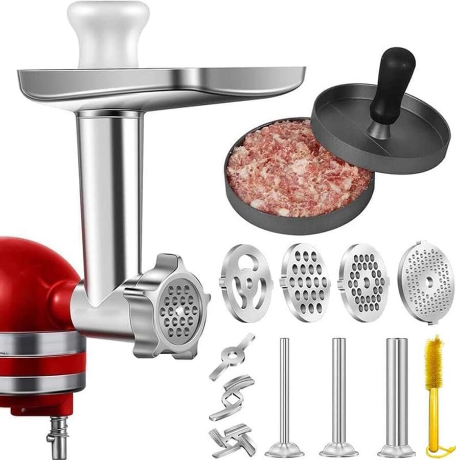 Vleesmolen-opzetstuk voor Kitchenaid blender roestvrij staal opzetstuk voor keukenhulp met 3 worstvulhoorns 3 slijpmessen 4 maalschijven en hamburgerpers (roestvrij staal)