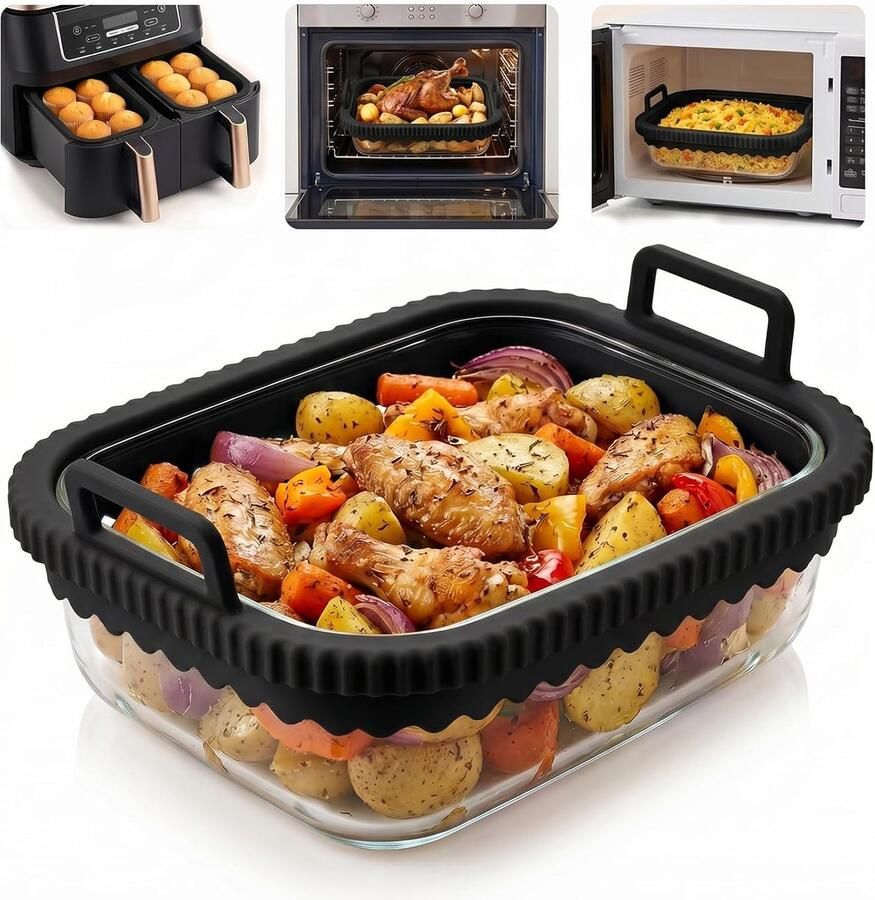 SnelShoppen Vormen voor Luchtfriteuse Glazen Bakvorm met Siliconen Handvat voor Airfryer Herbruikbaar Bestand tegen Hoge Temperaturen 21x15 5x9
