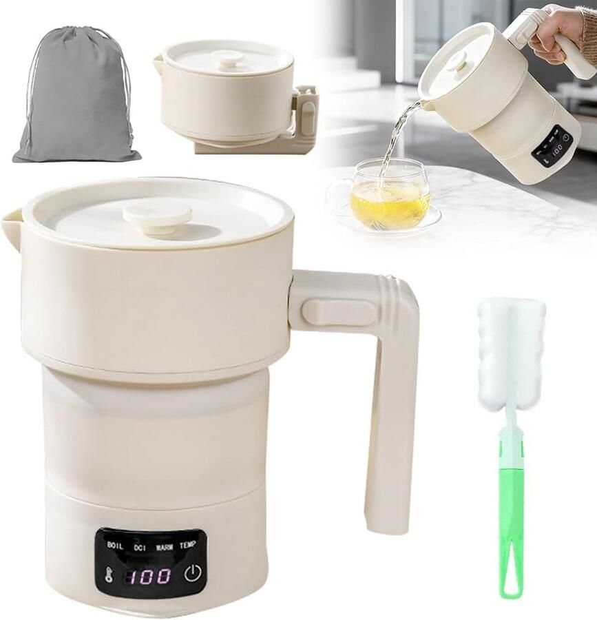 SnelShoppen Vouwbare Elektrische Waterkoker Mini 0.6L Camping Kettle Wit Draagbare Reis Kettle met Warmhoudfunctie en Vertraagde Start EU Plug