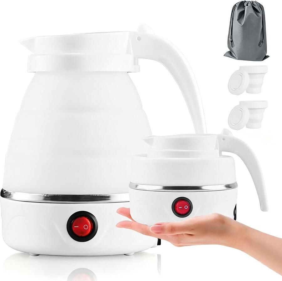 SnelShoppen Vouwbare Reis Waterkoker 0.6L met RVS Basis en Siliconen voor Camping Hiking Outdoor Multi-Color (Wit) 750W Compact en Lichtgewicht