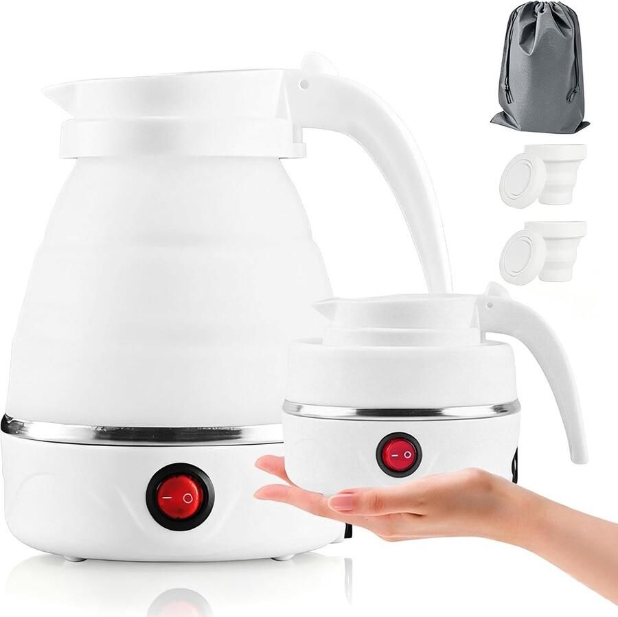 SnelShoppen Vouwbare Reis Waterkoker 0.6L met RVS Basis en Siliconen voor Camping Hiking Outdoor Multi-Color (Wit) 750W Compact en Lichtgewicht