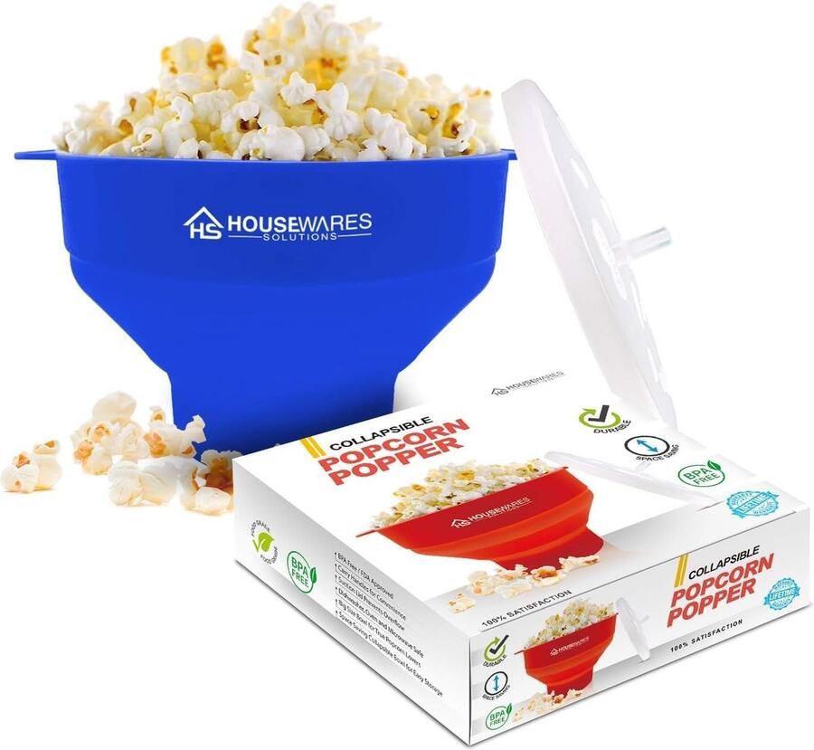 SnelShoppen Vouwbare Siliconen Magnetron Popcornmaker met Deksel en Handvatten Blauwe Popcorn Bowl voor Gezonde Snacks Feestjes Keuken en Campin