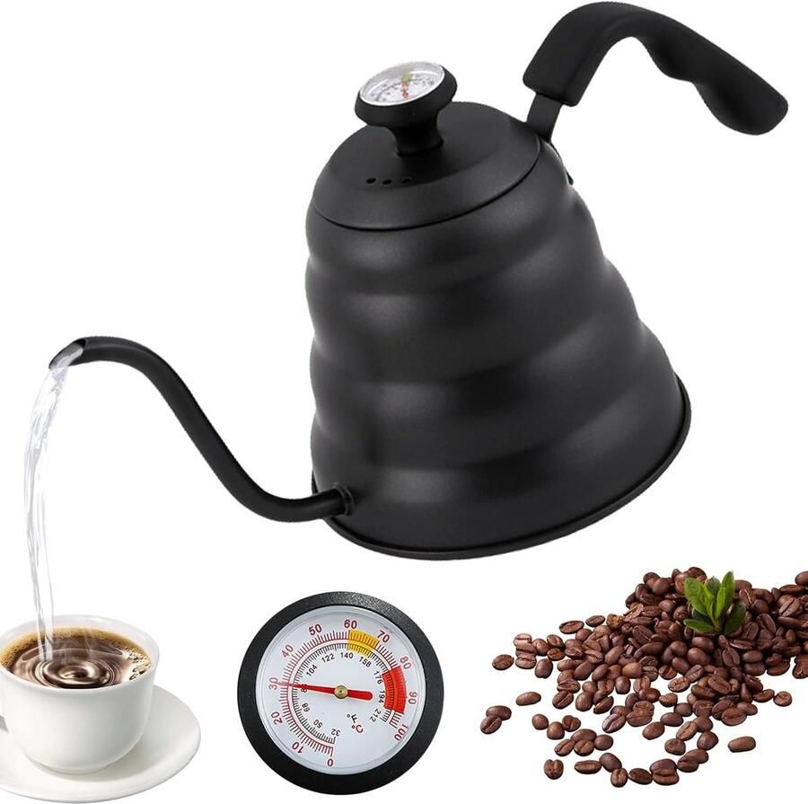 Waterkoker 1200 ml roestvrij staal waterketel koffiekan waterkoker zwanenhals met thermometer voor alle warmtebronnen duurzaam en eenvoudig te reinigen zwart
