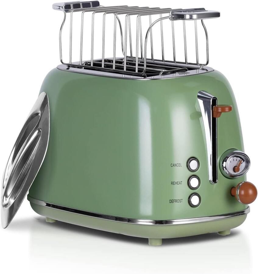 SnelShoppen Wiltal Retro Broodrooster voor 2 Broden 6 Instelbare Bruiningsniveaus RVS Hoogwaardige Broodbeugel Ontdooi- en Warmfunctie Countdow