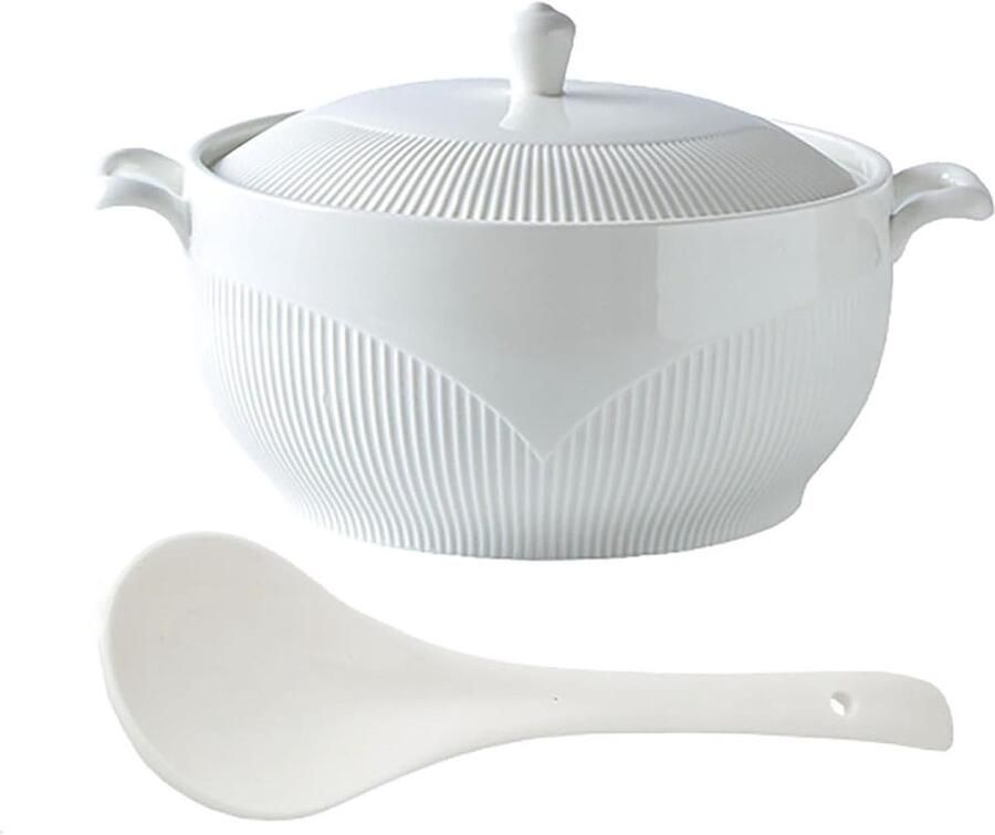 SnelShoppen Witte Terrine met 2 Handvatten Porselein Soepterrine met Deksel en Lepel Groot Capaciteit Geschikt voor Magnetron Oven Vaatwasser