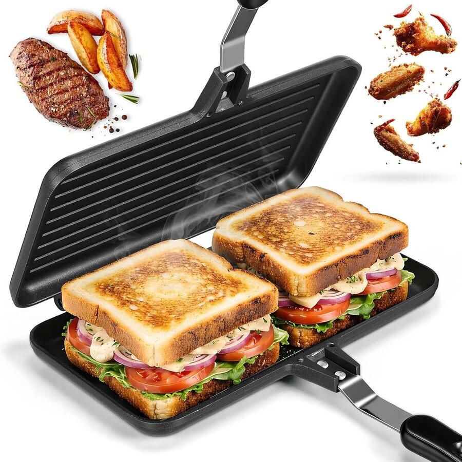 SnelShoppen XL Toaster Sandwich Maker Dubbelzijdige Casserole Aluminium Omeletpannen Antikleef Kookgerei voor Thuis Sandwiches Zwart