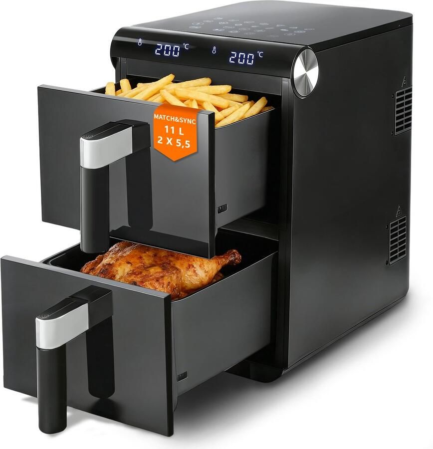 SnelShoppen XXL Heteluchtfriteuse 11L met 2 Kamers Dual-Zone Toren Airfryer 2800W Touchscreen 13 Voorgeprogrammeerde Instellingen 50-200°C Vaat