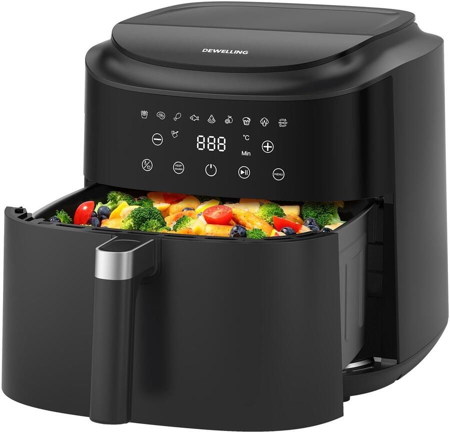 SnelShoppen XXL Heteluchtfriteuse 9 Liter 2350W Airfryer met 9 Programma's LED-Display Warmhoudfunctie Metalen Binnenruimte voor Gezinsmaaltijde