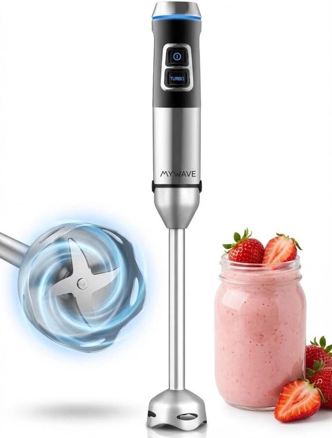 SnelShoppen XXL Mixer 1500 W met Extra Lange Voet 22 cm Turbo-Functie LED-Lichtbediening Variabele Snelheid Roestvrij Staal Perfect voor Keuken