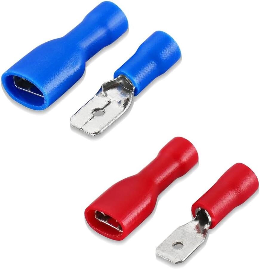 Snelverbinders van vinyl volledig geïsoleerd 6 3 x 0 8 mm elektrische faston rood voor 0 5-1 5 mm² (22-16 AWG) blauw voor 1 5-2 5 mm² (16-14 AWG) 80 stuks