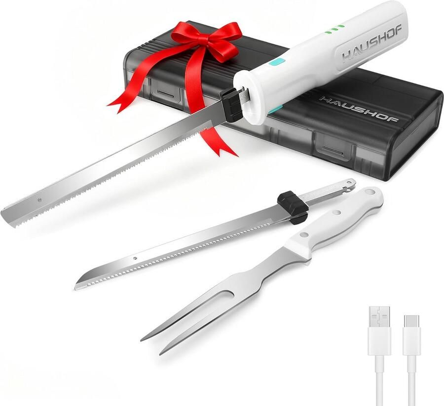 Snoerloze Elektrische Messenset met RVS Messen voor Brood Vlees en Kaas