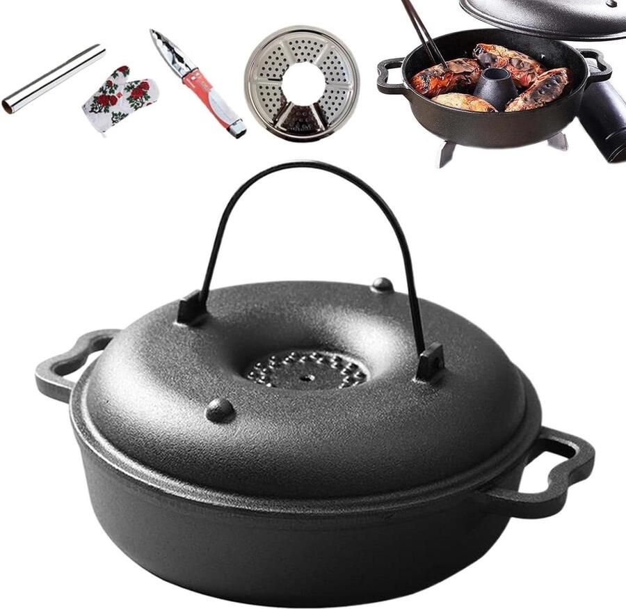 Soeppan Gietijzer Stoofpan Dutch Oven Langzaam Koken Geïntegreerde Aanbrandbeveiliging 26 x 26 cm Zwart