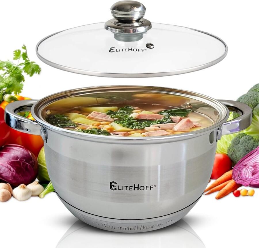 Soeppan Glazen Deksel Kookpan Stoofpan Koken Soepen 7-Laags Capsulebodem 10 L 28 cm Zilver