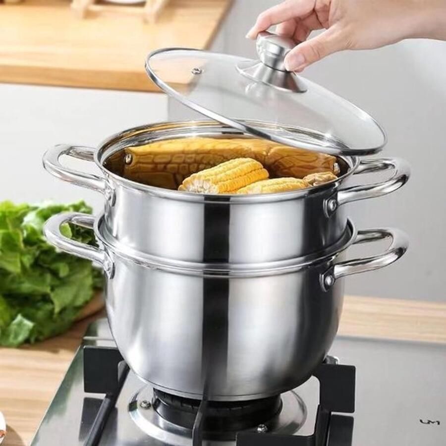 Soeppan met Stoomfunctie Grote Kookpan Gezond Koken Dubbelwandig RVS 25.8 cm Diameter