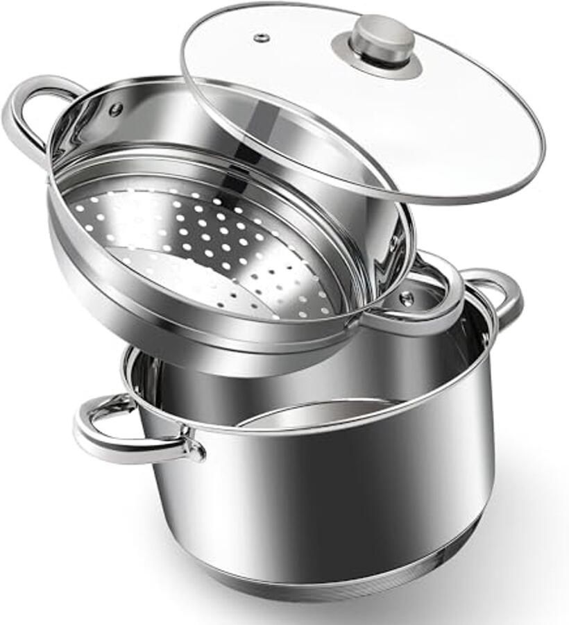 Soeppan met stoominzet Stoofpan kookpan Gezond koken Drielaagse constructie 6 kwart Zilverkleurig