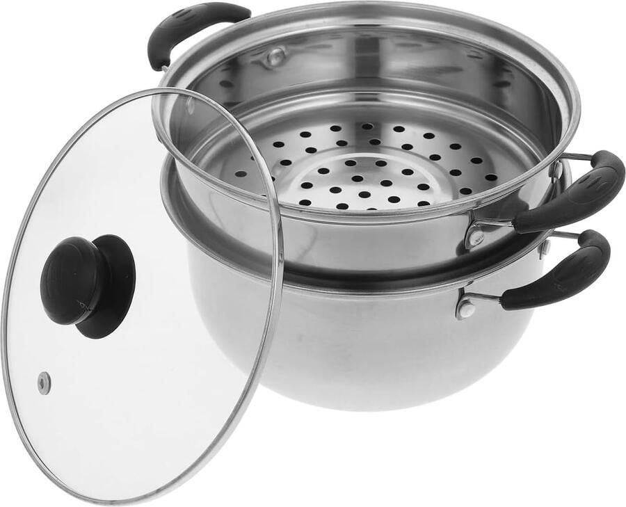 Soeppan met stoominzet Stoompan groenten Gezond koken Meerlaagse constructie 20 x 20 x 17 cm Zilver