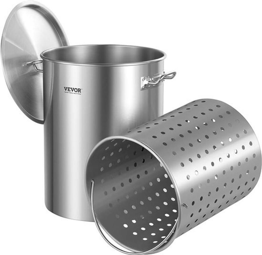 Soeppan Roestvrij Staal Grote Kookpan Stomen Koken Braden Inclusief Mand Deksel 34 Liter Capaciteit Zilver
