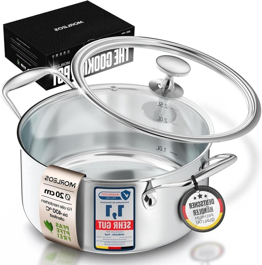 Soeppan Roestvrij Staal Kookpan Glazen Deksel Energiebesparend Koken 5-Laags Aluminium Kern Ø 20 cm 3 Liter