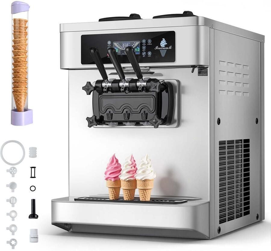 Softijsmachine Commerciële ijsmachine 3 Smaken 20–28 l uur 2200 W 2 x 6 l containers Voorkoeling Waarschuwing bij laag mengniveau