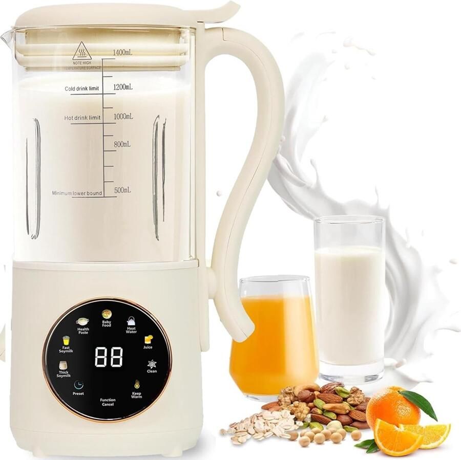Sojamelkmaker Hogesnelheidsblender 1400ml Multifunctionele Blender 8 Programma's & Verwarmd Met LED Scherm & Zelfreinigend Voor Soja Sap & Puree Ideaal voor Keuken & Gezin
