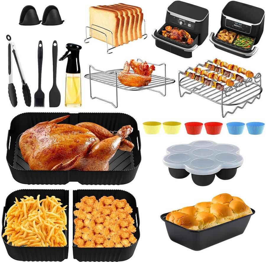Solidchoice- Airfryer Accessoires 20-delige Set Siliconen Vormen Roestvrij Stalen Rooster Spiesrek Hittebestendig tot 240 °C Vaatwasmachinebestendig