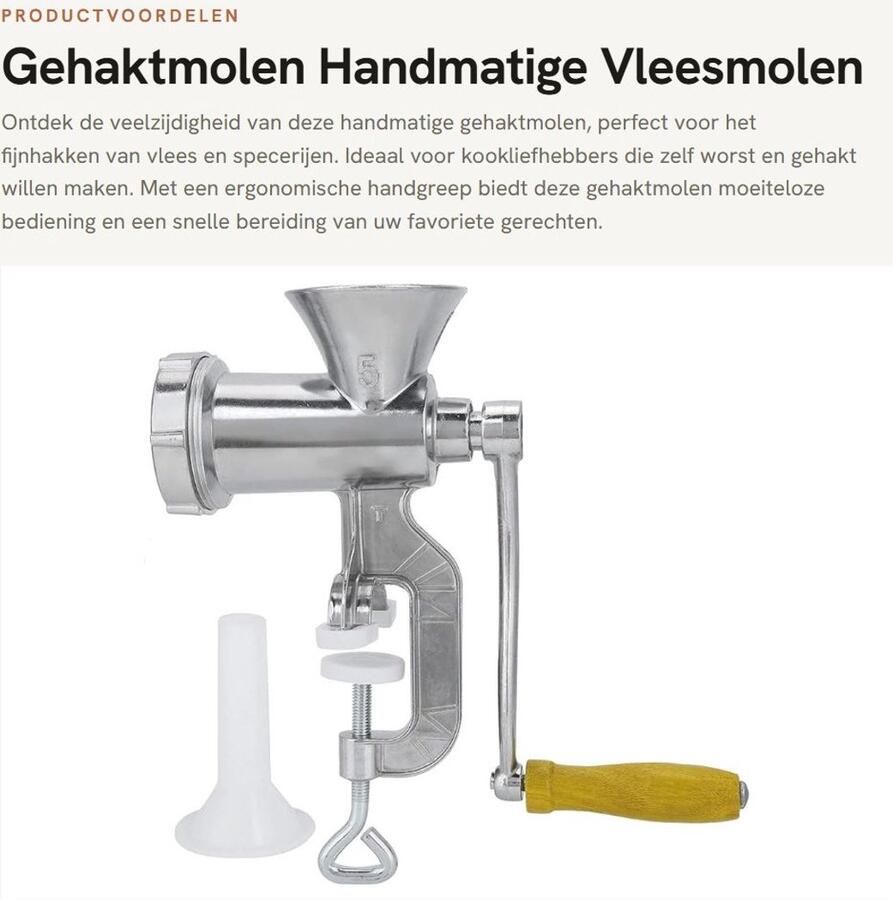 Solidchoice- Gehaktmolen Handmatig Aluminium Vleesmolen Worstenvuller Inclusief Ergonomische Handgreep Multifunctioneel Eenvoudige Bediening