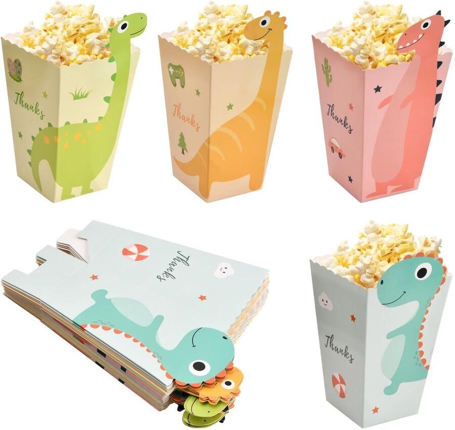 SnelShoppen 24 Stuks Kleine Popcorn Dozen 11.5 x 7 x 5 cm Dinosaurussen Kartonnen Popcorn Zakjes voor Cinema Avonden Verjaardagsfeestjes Familie