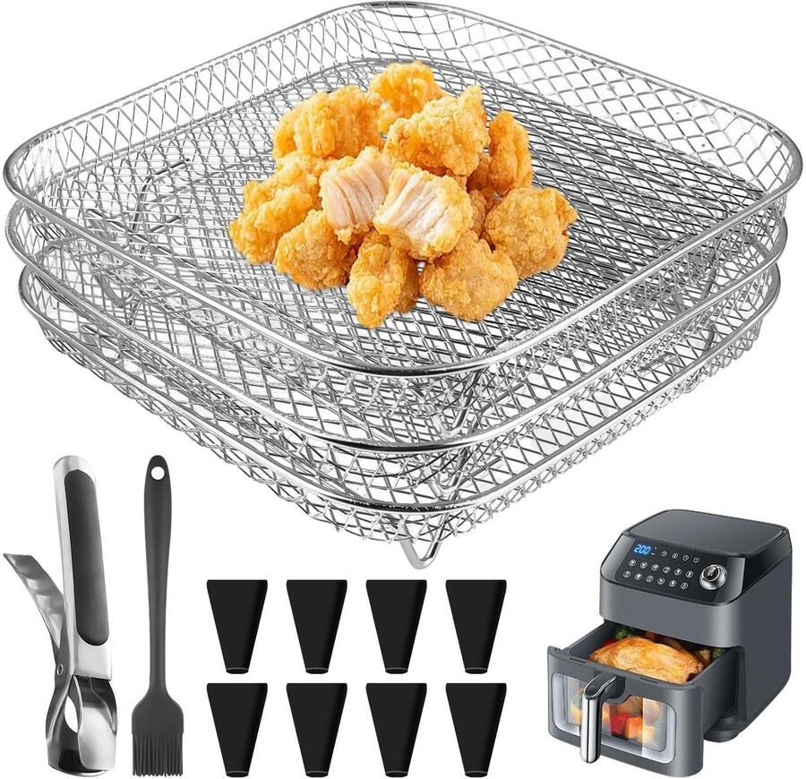 Solidchoice Set van 3 Air Fryer Racks van Roestvrij Staal met Silicone Voetjes