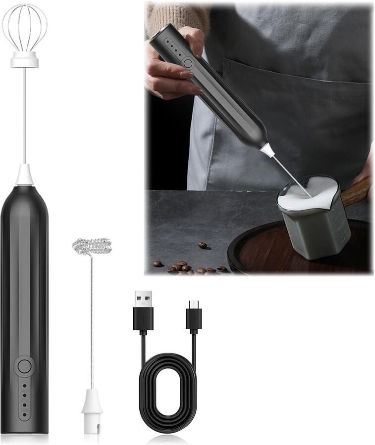 SolidKeus Draagbare Elektrische Melkschuimer met 2 Kloppers en USB Oplaadbaar