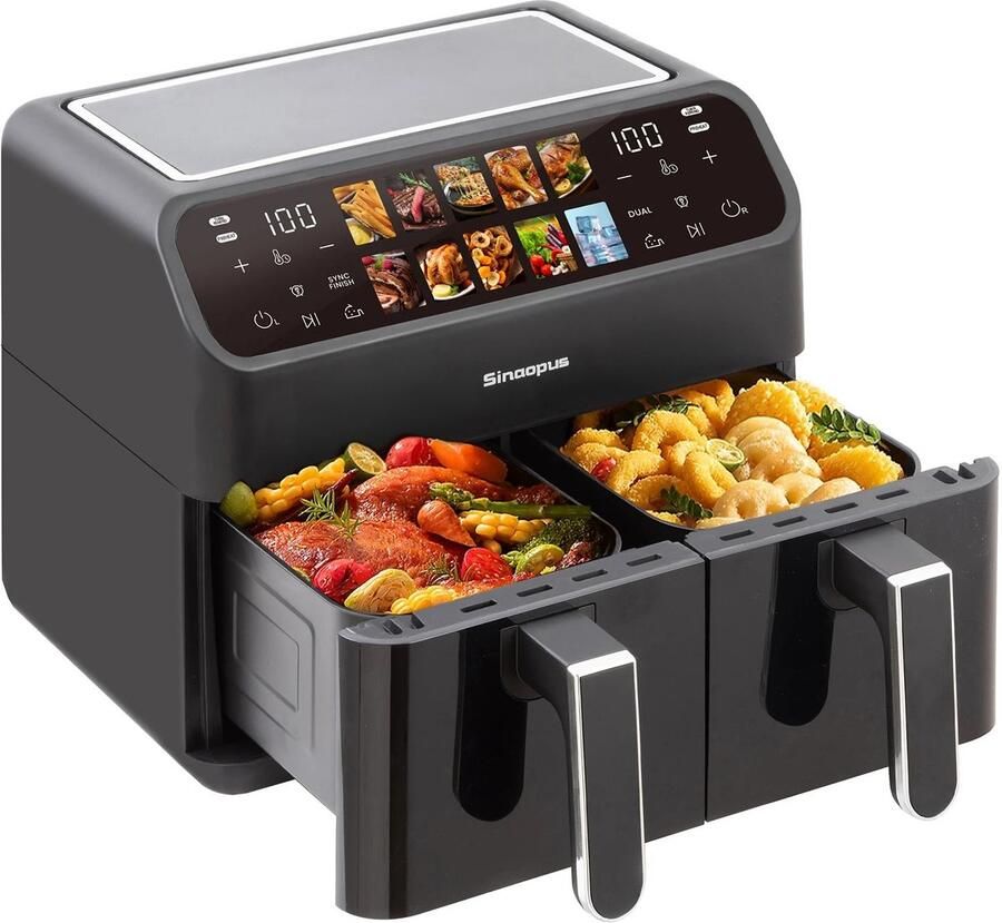 SOLVA Airfryer XXL Dubbele Airfryer LED Display 2000W 9 Liter Kijkvenster Gezond Frituren 32×28×25 cm Zwart