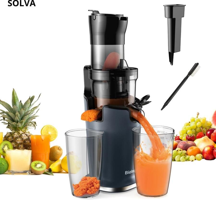 SOLVA Slowjuicer Sapcentrifuge Juicer BPA-Vrij Elektrisch 200W Met Reiniginsborstel Geschikt Voor Groente En Fruit Zwart