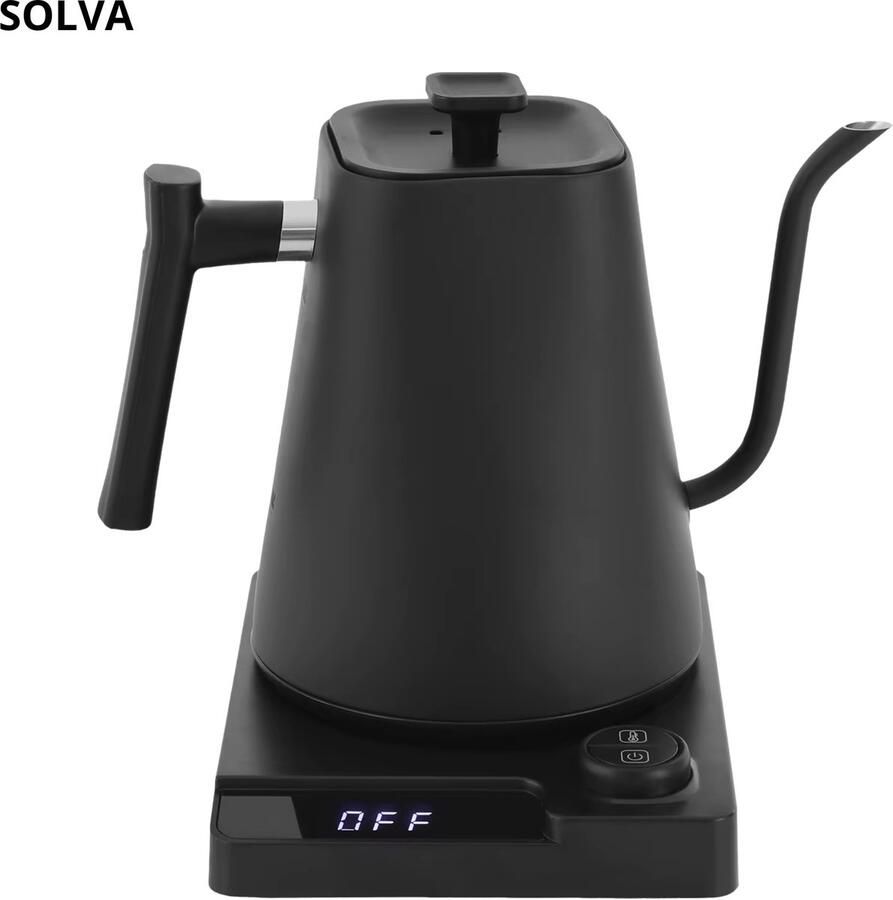 SOLVA Waterkoker Met Temperatuurregeling 1 Liter 1200W LED-Scherm Luxe Zwanenhals 15×19×21 cm Zwart