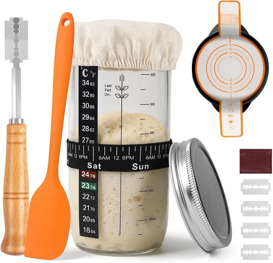 Sourdough starterpot 730 ml met voedingsband siliconen katapult en broodmes
