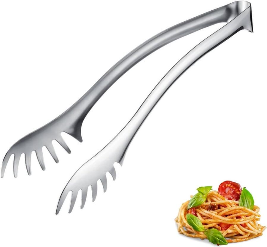 Spaghetti- en Buffettang Pro – Keukentang RVS – Innovatieve Spaghettitang – Serveertang voor Pasta Salade & Asperges – Zilver 29 5 cm