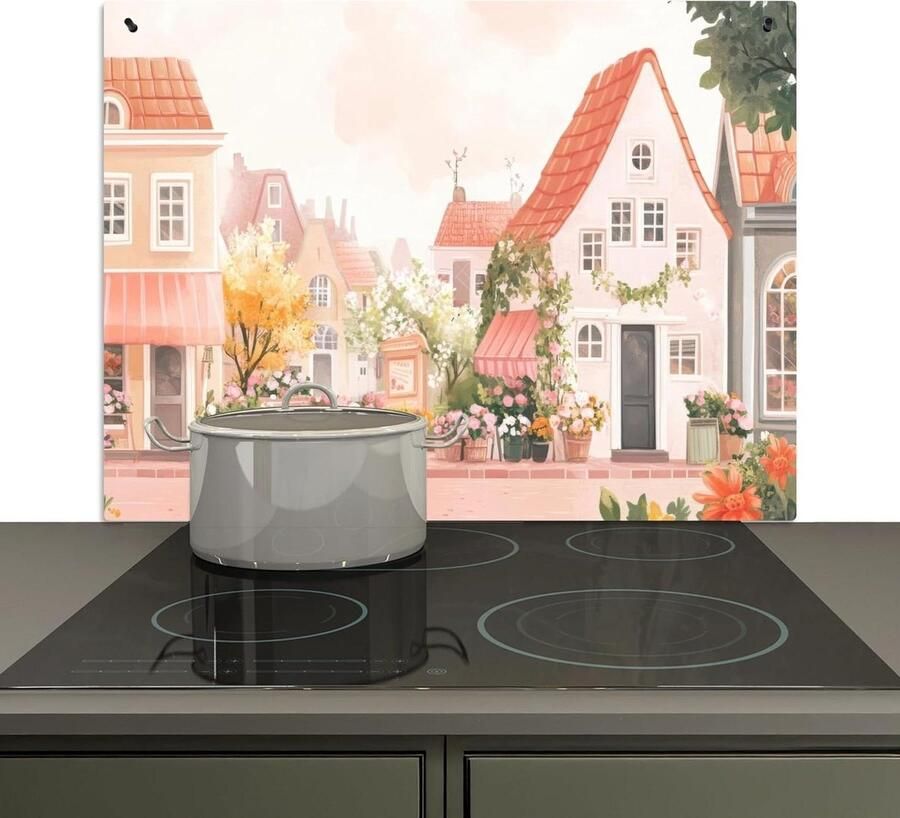 Spatbeschermer Keuken Kookplaat Achterwand Keukenwand Beschermen 2-in-1 Functie 52x80 cm Bloemen Huizen